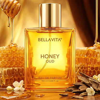 Bellavita Premium Honey Oud perfume by Wukusy, 100ml bottle with elegant packaging and golden accents, showcasing luxurious fragrance.