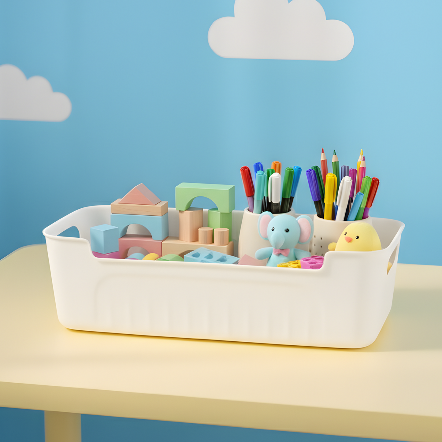 Set of four white plastic storage baskets by Wukusy, ideal for organizing home or office spaces.