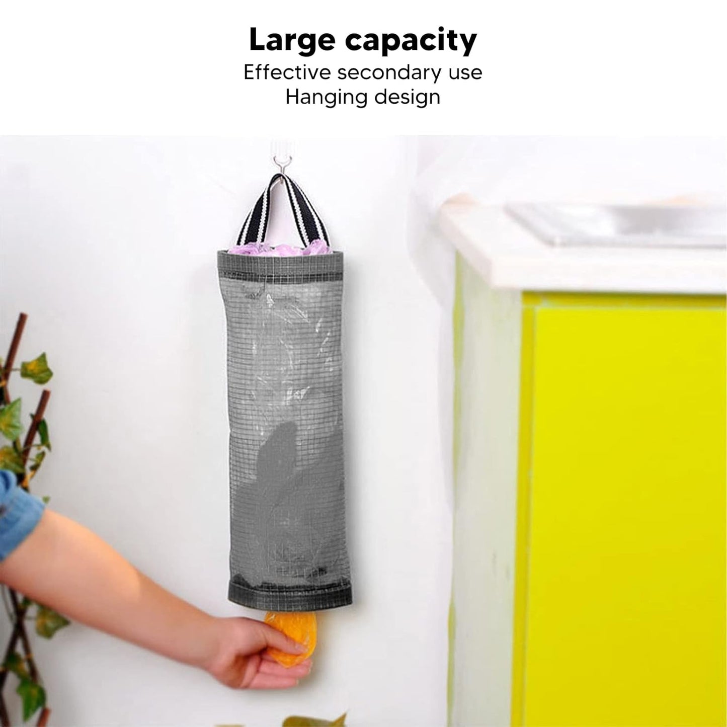 Wukusy hanging garbage bag holder with sturdy handle, large capacity for kitchen or home debris storage, ideal for restaurant or bedroom use.