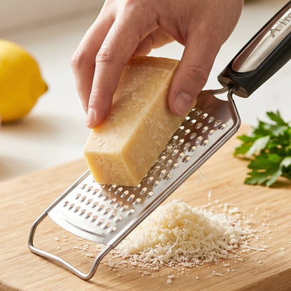 Wukusy SS Slim Cheese Grater with plastic handle, ideal for vegetables and lemon zest, shown in use on a cutting board.