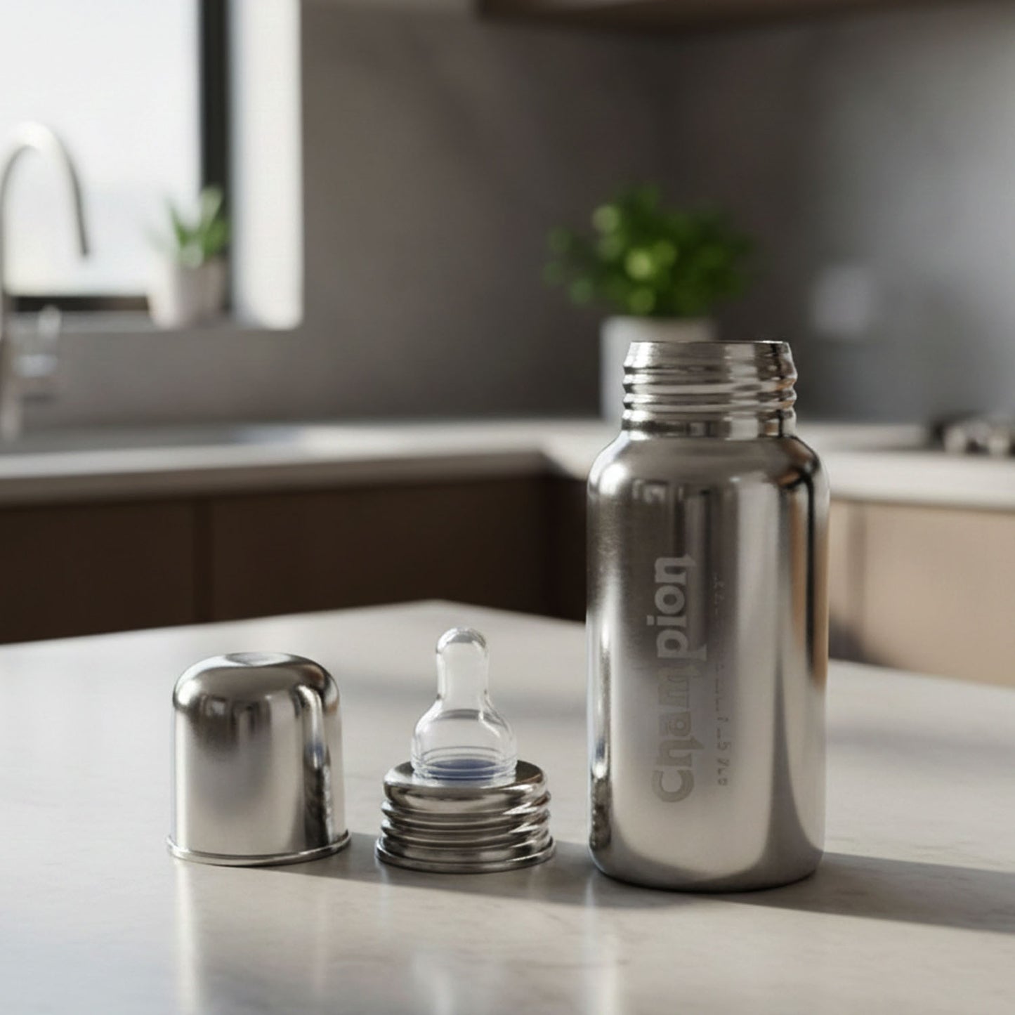 Stainless steel Wukusy baby feeding bottle with 200ml capacity, featuring a clear silicone nipple and ergonomic design.
