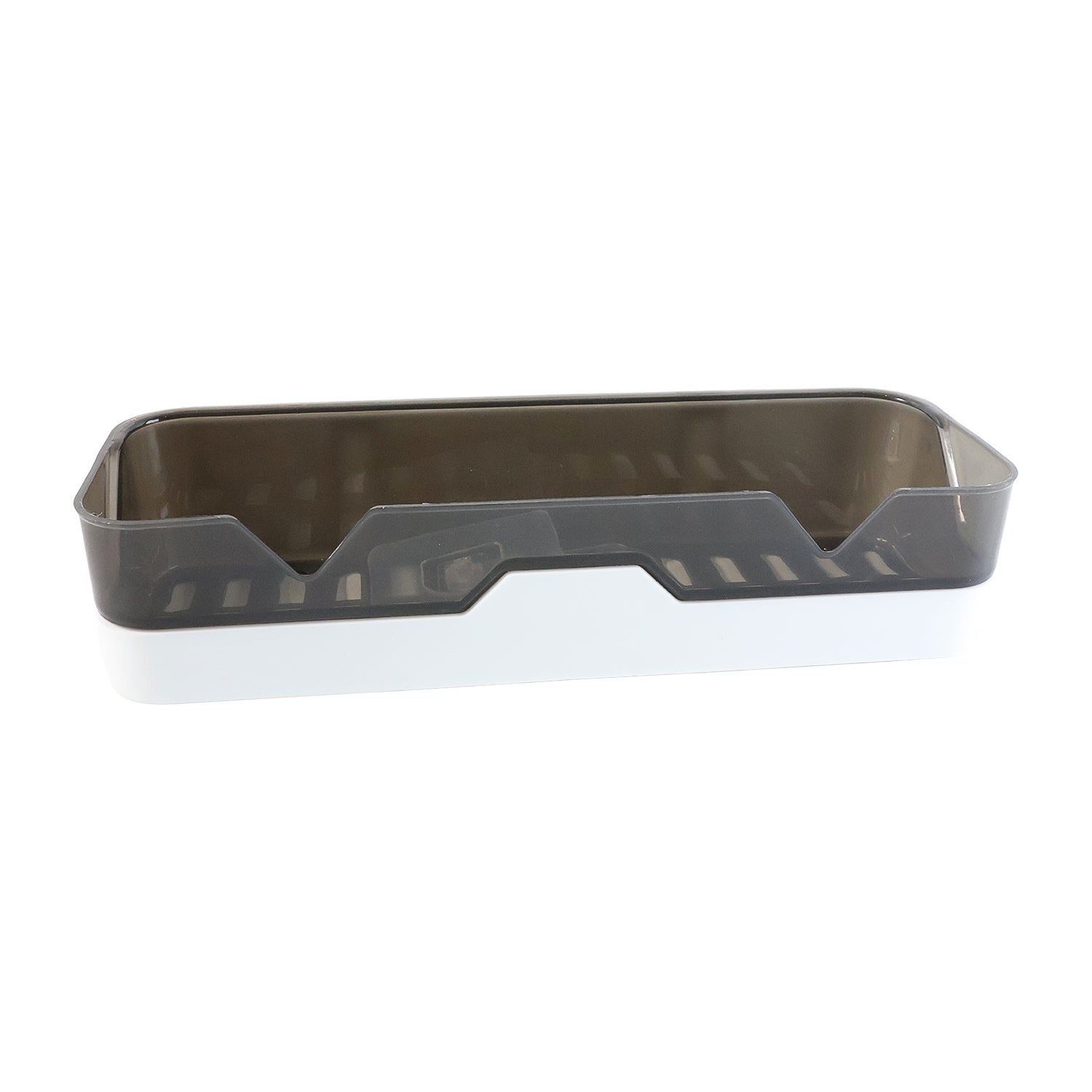 Wall mounted Wukusy self-adhesive plastic storage shelf attached to a wall for organizing small items.