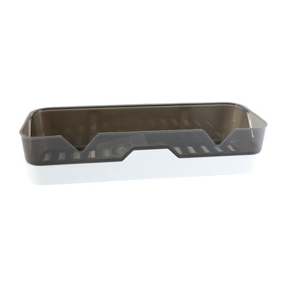 Wall mounted Wukusy self-adhesive plastic storage shelf attached to a wall for organizing small items.