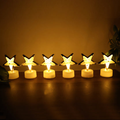 Set of 12 decorative star-shaped flameless LED candles for home decor by Wukusy, showcasing warm light and star design.