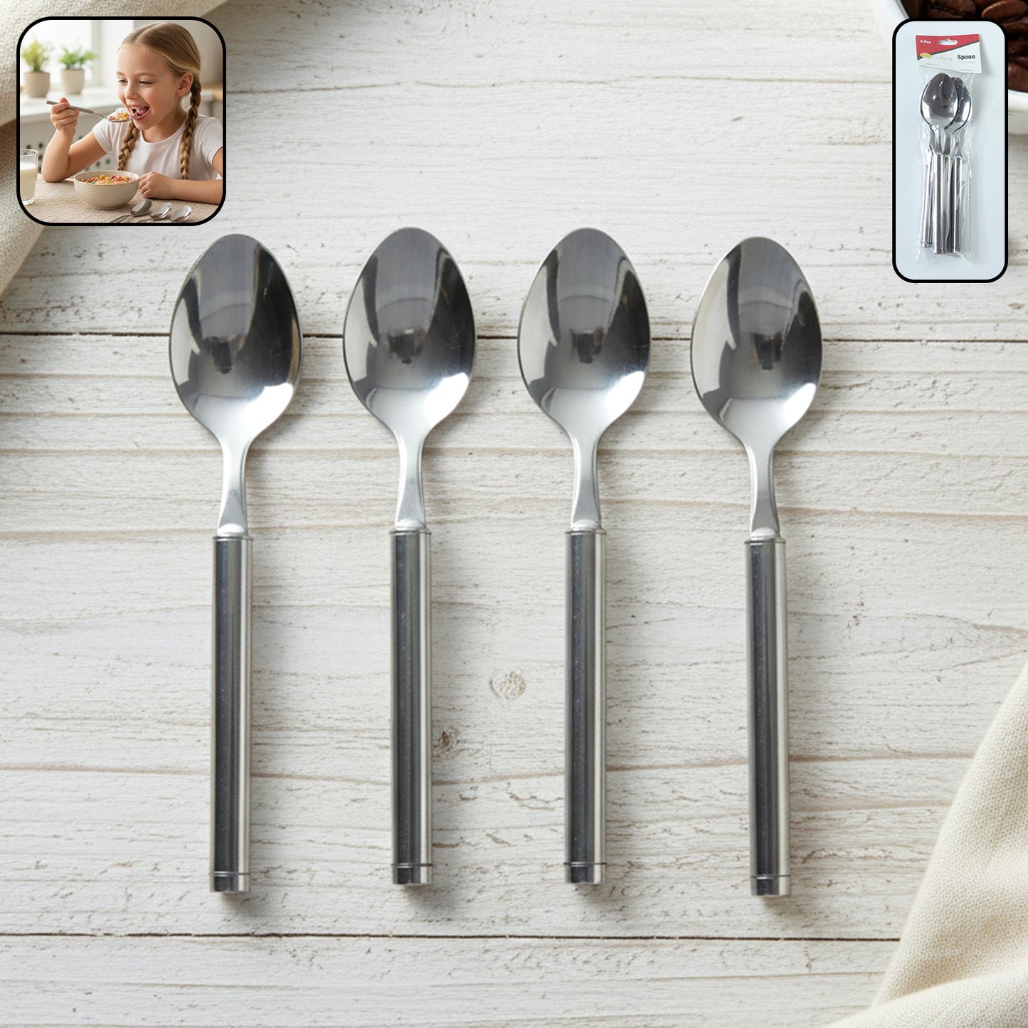 Set of four stainless steel dinner spoons by Wukusy, showcasing polished, durable utensils for meals and table settings.