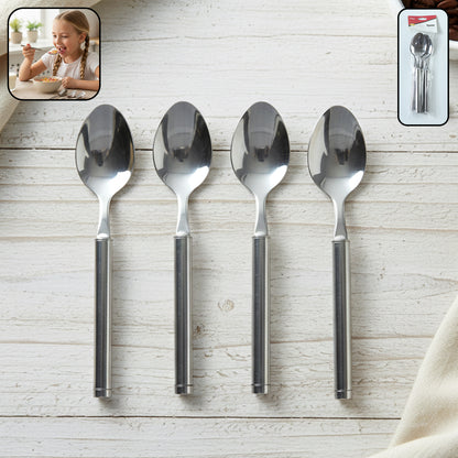 Set of four stainless steel dinner spoons by Wukusy, showcasing polished, durable utensils for meals and table settings.