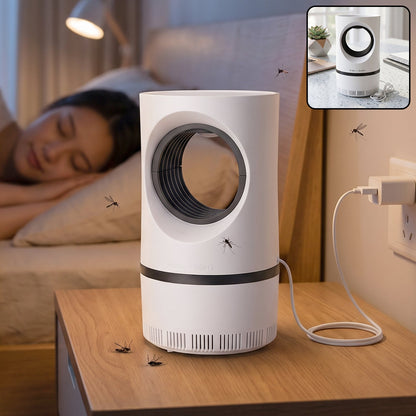 Wukusy electric USB mosquito killer lamp with suction trap for indoor insect control, showing the device glowing in a room setting