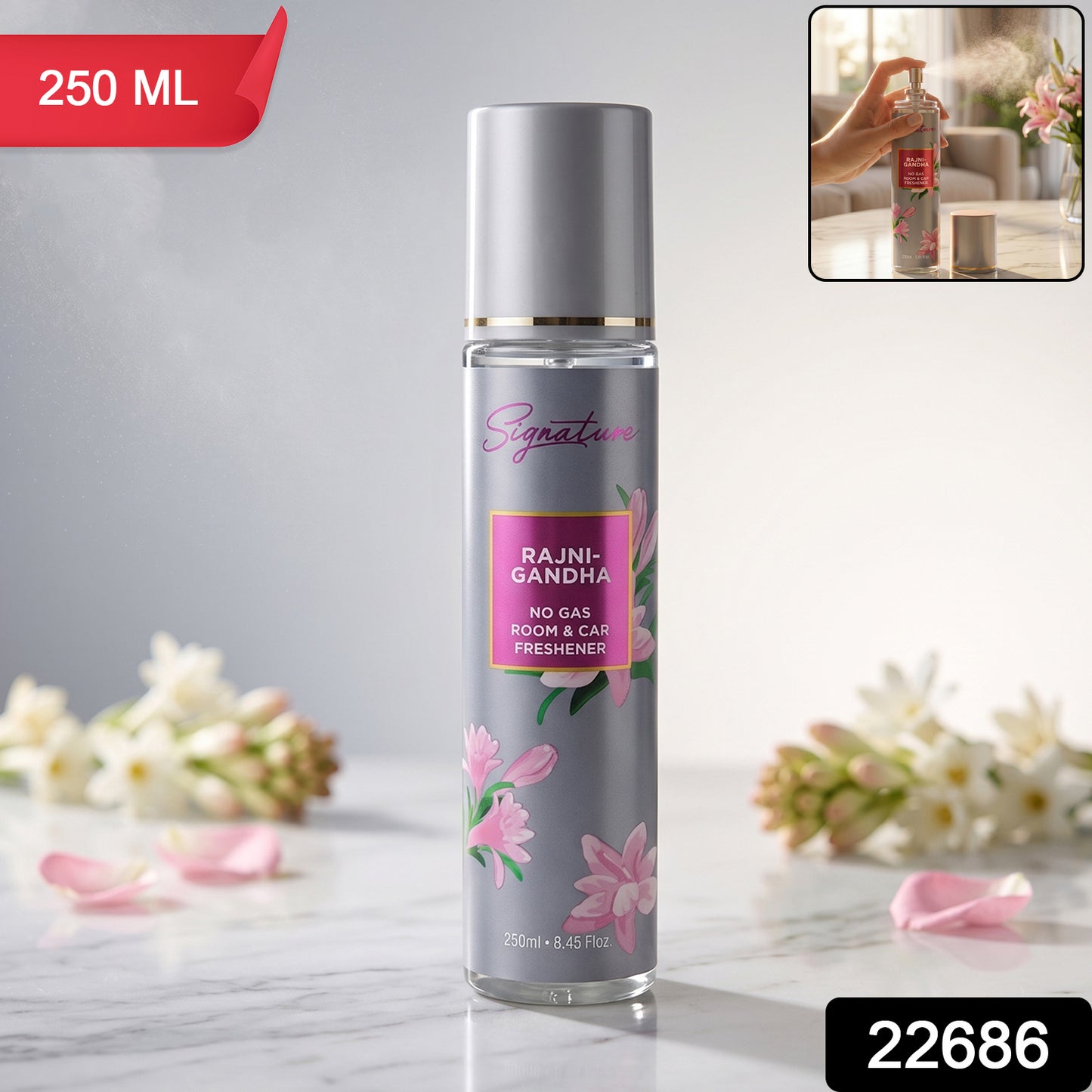 Wukusy Signature Rajnigandha room and car freshener spray bottle, 250ml, with floral design and spray nozzle visible.