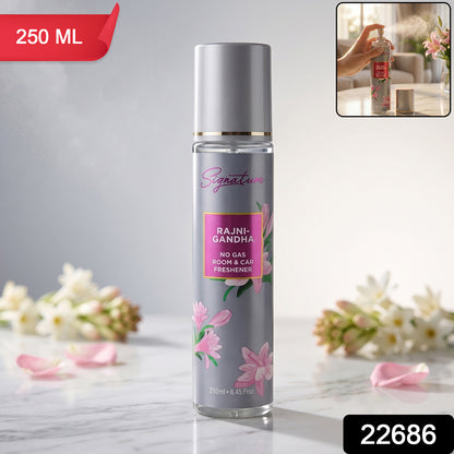 Wukusy Signature Rajnigandha room and car freshener spray bottle, 250ml, with floral design and spray nozzle visible.