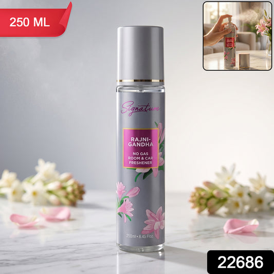 Wukusy Signature Rajnigandha room and car freshener spray bottle, 250ml, with floral design and spray nozzle visible.