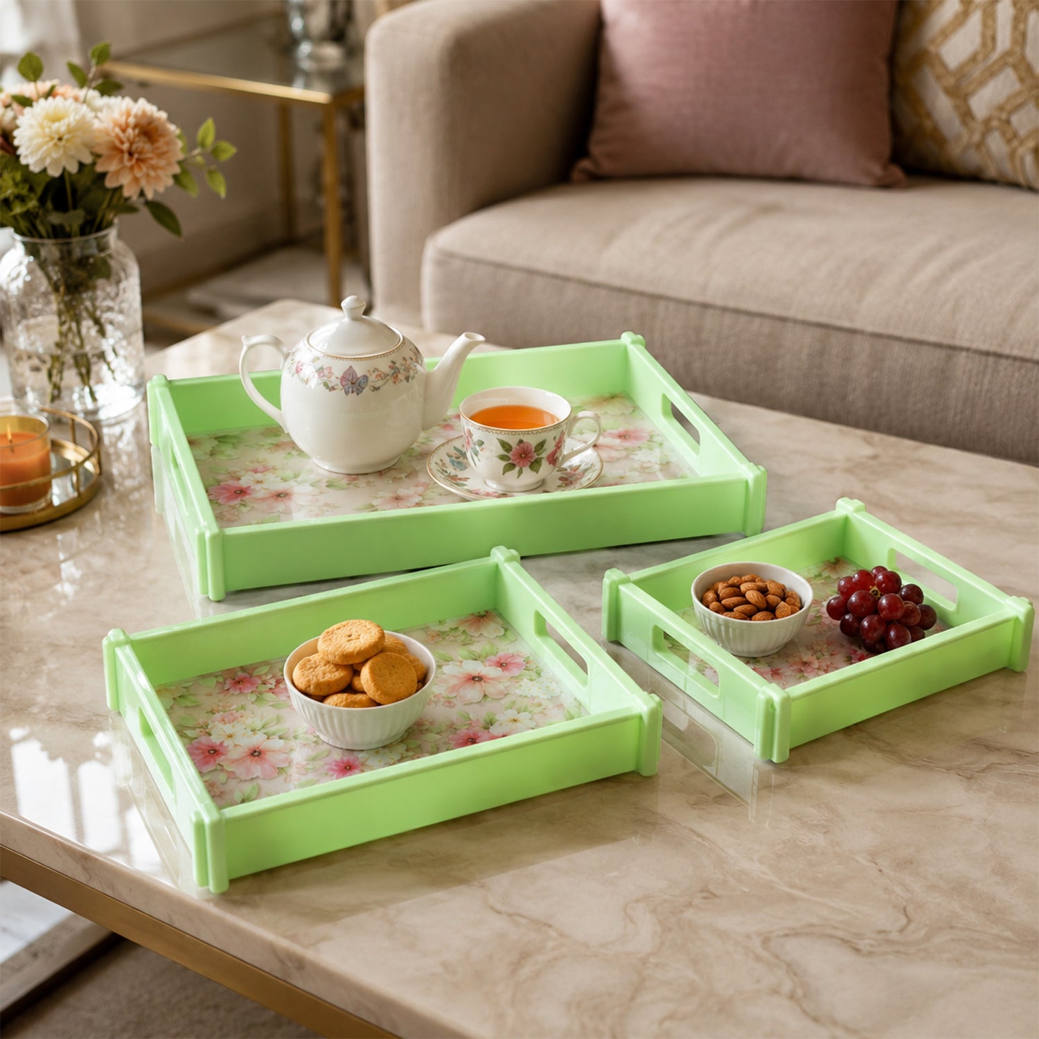 Wukusy Supermom floral printed 3-piece serving tray set with colorful floral designs and durable handles, perfect for serving and display.