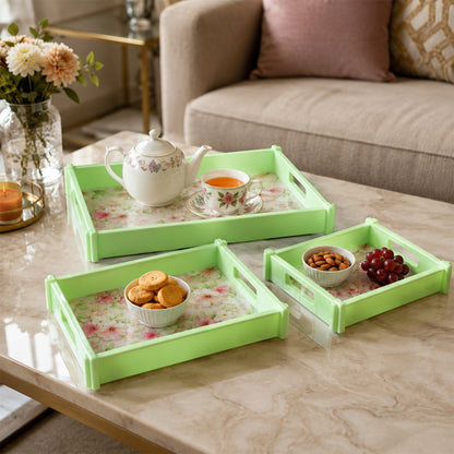 Wukusy Supermom floral printed 3-piece serving tray set with colorful floral designs and durable handles, perfect for serving and display.