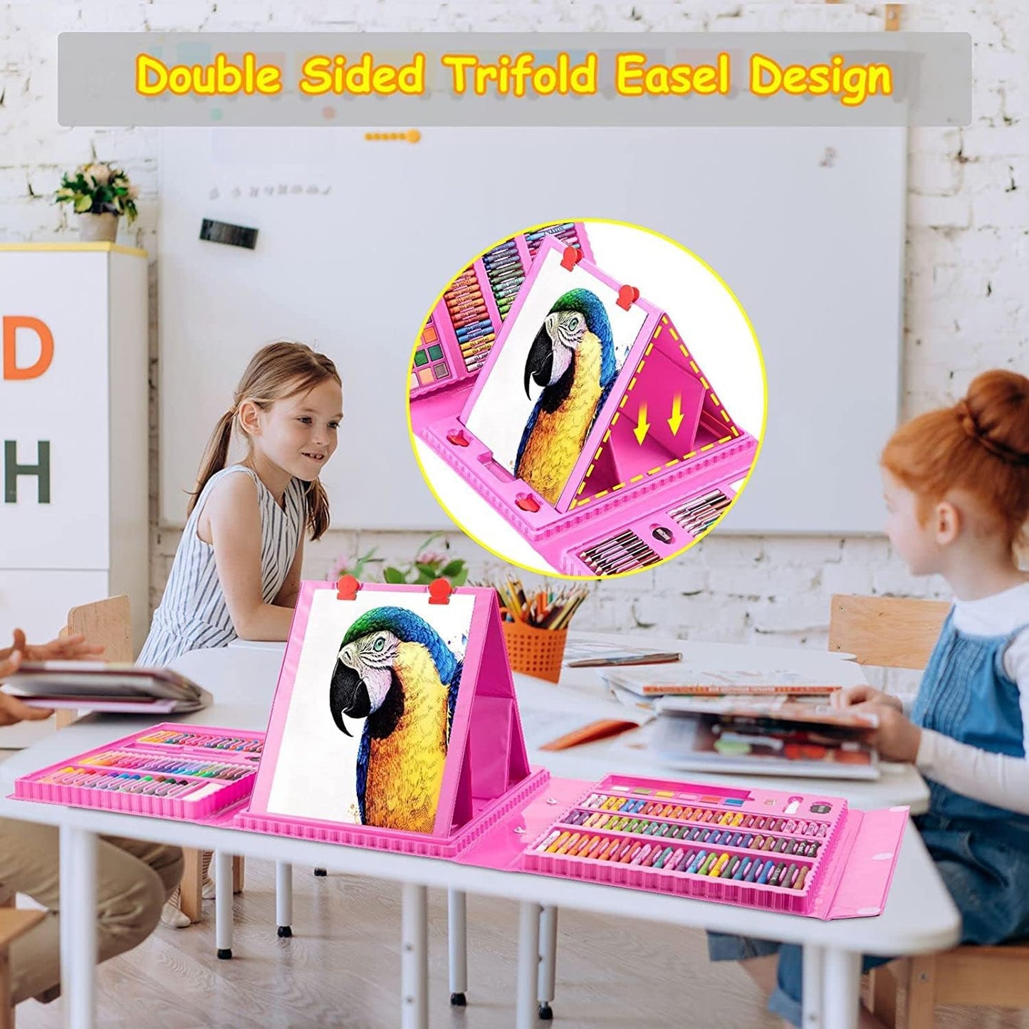 Wukusy professional art set with 208 office art supplies including pencils, markers, brushes, and accessories arranged in a case.