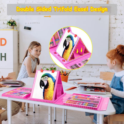 Wukusy professional art set with 208 office art supplies including pencils, markers, brushes, and accessories arranged in a case.