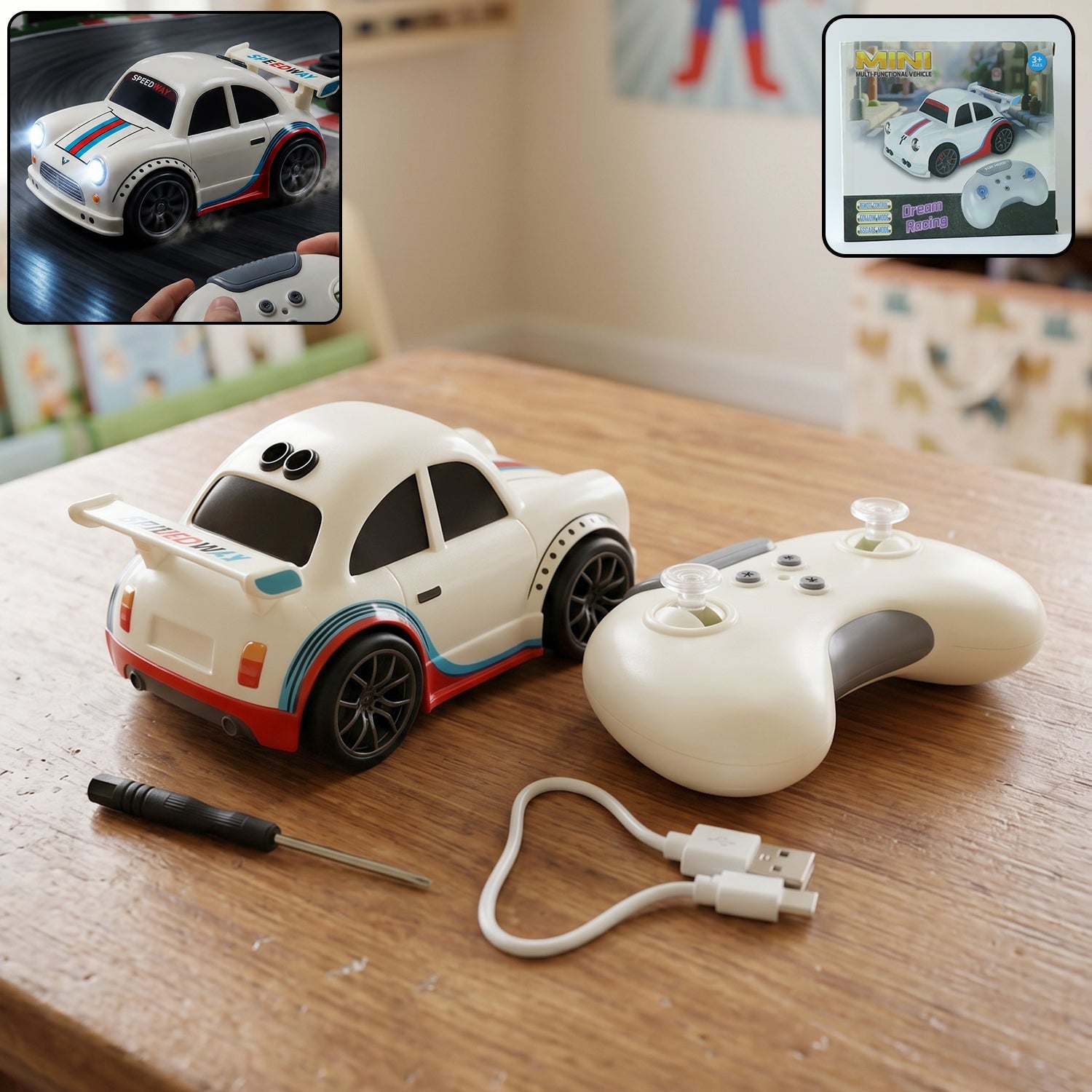 Wukusy mini RC racing car toy with remote control, rechargeable, designed for kids, shown in black and red on a smooth surface.