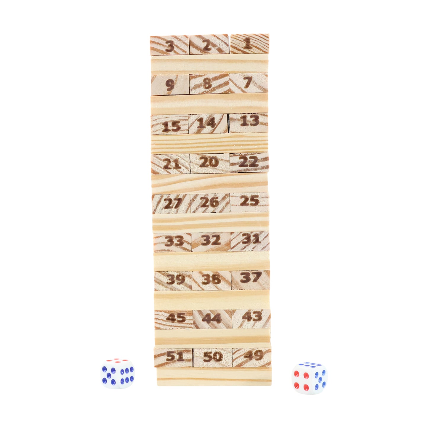 Wukusy Tumbling Tower wooden blocks game set with stacked natural wood blocks for stacking and balancing fun.