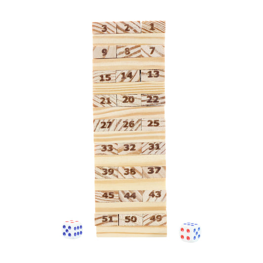 Wukusy Tumbling Tower wooden blocks game set with stacked natural wood blocks for stacking and balancing fun.