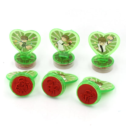 Set of 6 multicolor cartoon character heart-shaped stamps for kids, teachers, and parents, ideal for motivation and rewards.