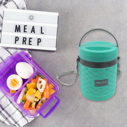 Wukusy 2364 double wall insulated stainless steel lunch box with 4 compartments, handle, leakproof, BPA-free, stackable for office or school