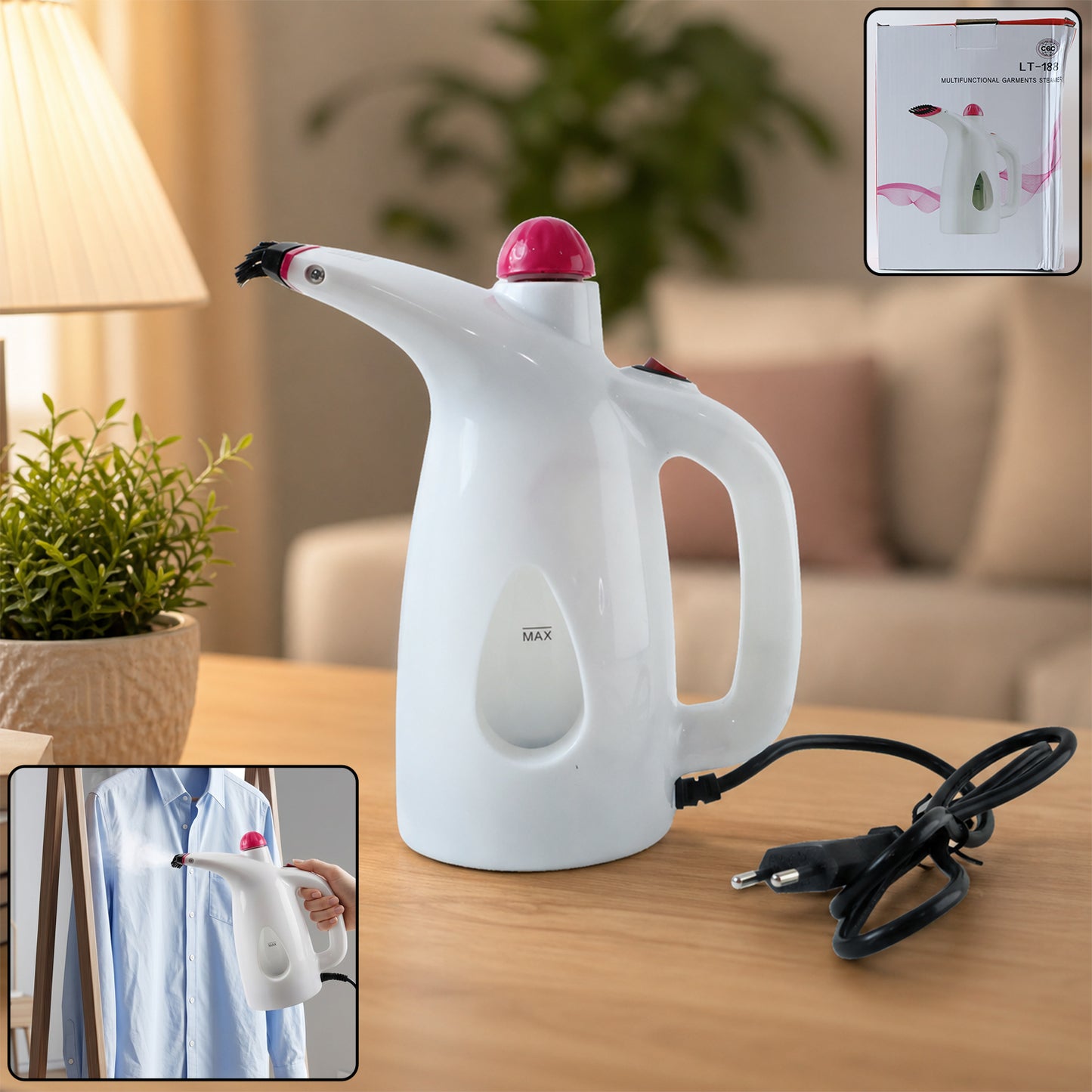 Wukusy multi-functional garment steamer with 200ml water capacity, shown steaming a shirt on a hanger.