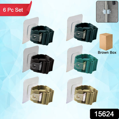 Wukusy self-adhesive mop and broom holder clips set with six black wall-mounted hooks for home organization.