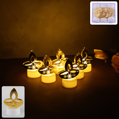 Set of six Wukusy golden diya-shaped LED tealight candles for home decor, with warm glowing light and intricate diya design.
