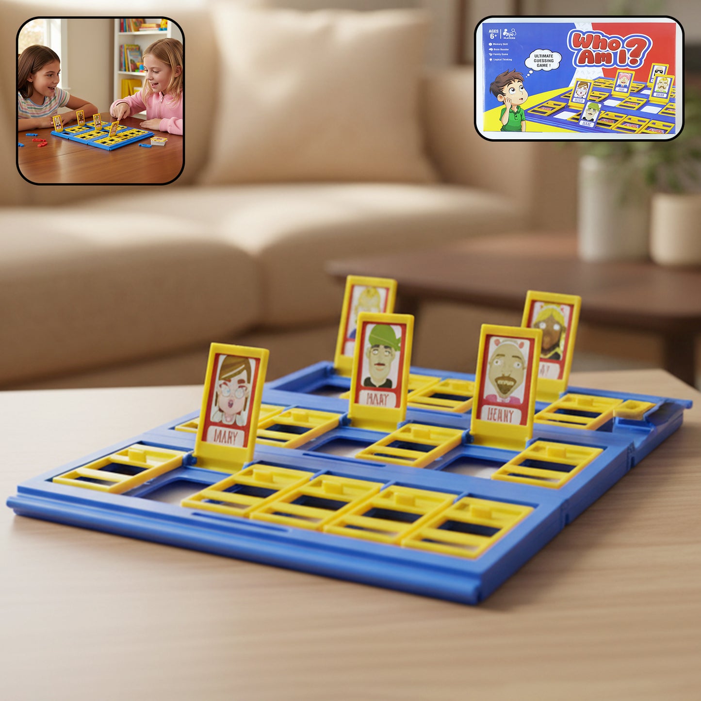 Wukusy "Who Am I" guessing board game for kids featuring colorful game pieces and character cards on a play table.