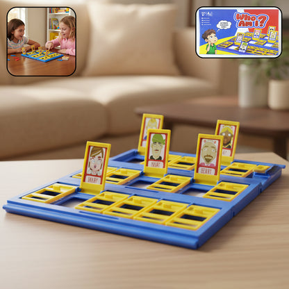 Wukusy "Who Am I" guessing board game for kids featuring colorful game pieces and character cards on a play table.