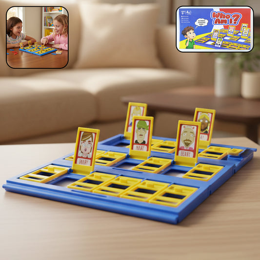 Wukusy "Who Am I" guessing board game for kids featuring colorful game pieces and character cards on a play table.