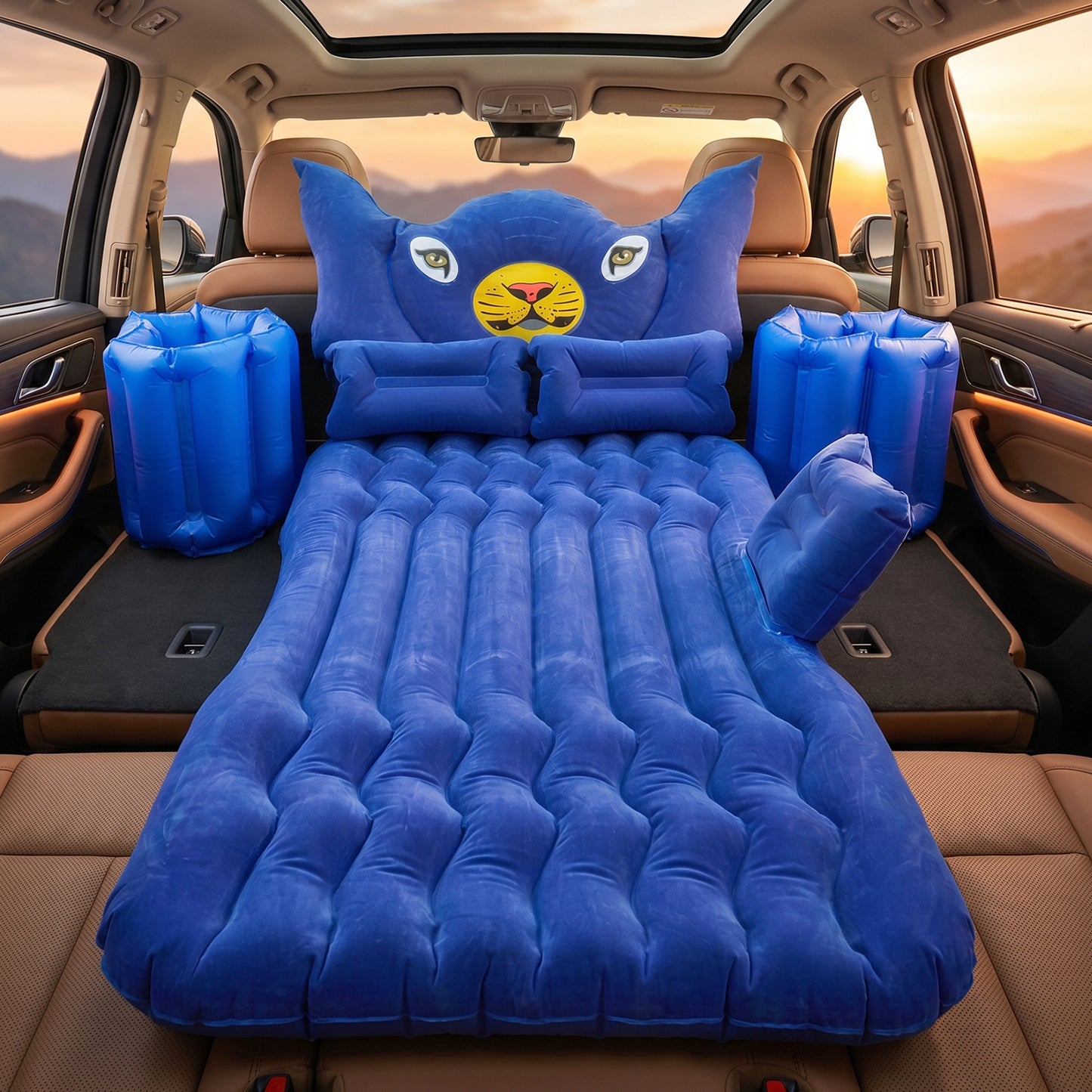 Wukusy inflatable car bed set with lion head pillow and cushions, designed for comfortable travel sleeping in vehicles.