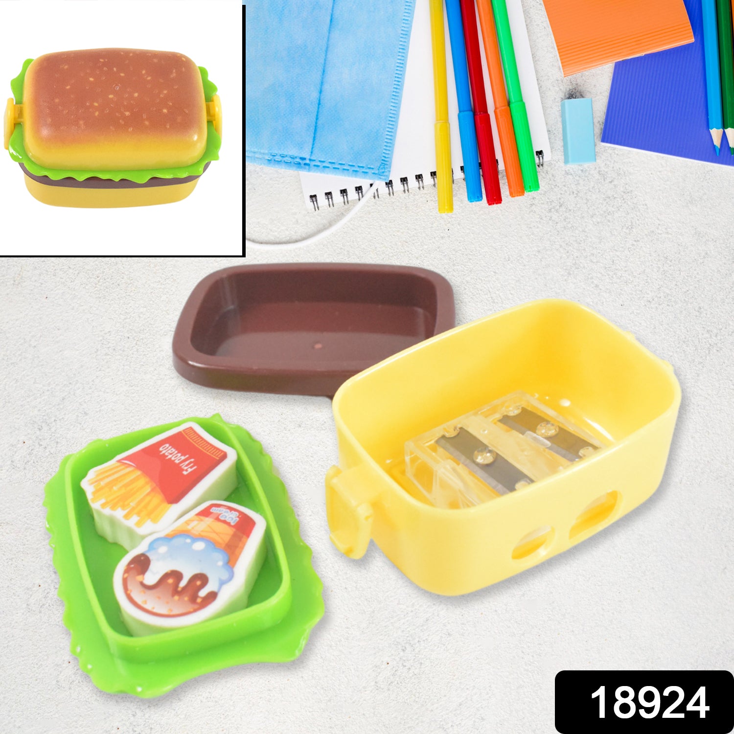 Wukusy plastic burger-shaped small double hole sharpener with eraser, ideal for office use, featuring a colorful burger design.