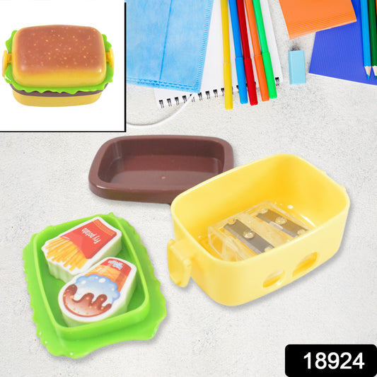 Wukusy plastic burger-shaped small double hole sharpener with eraser, ideal for office use, featuring a colorful burger design.