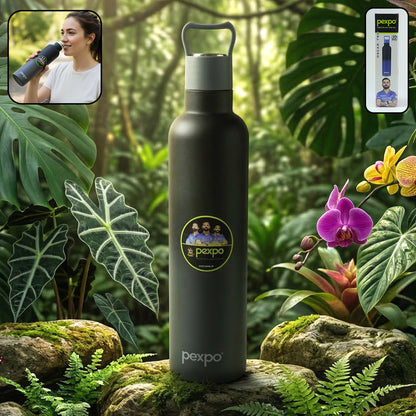 Wukusy Pexpo Oscar insulated stainless steel water bottle with 750ml capacity and leakproof lid, black and silver finish
