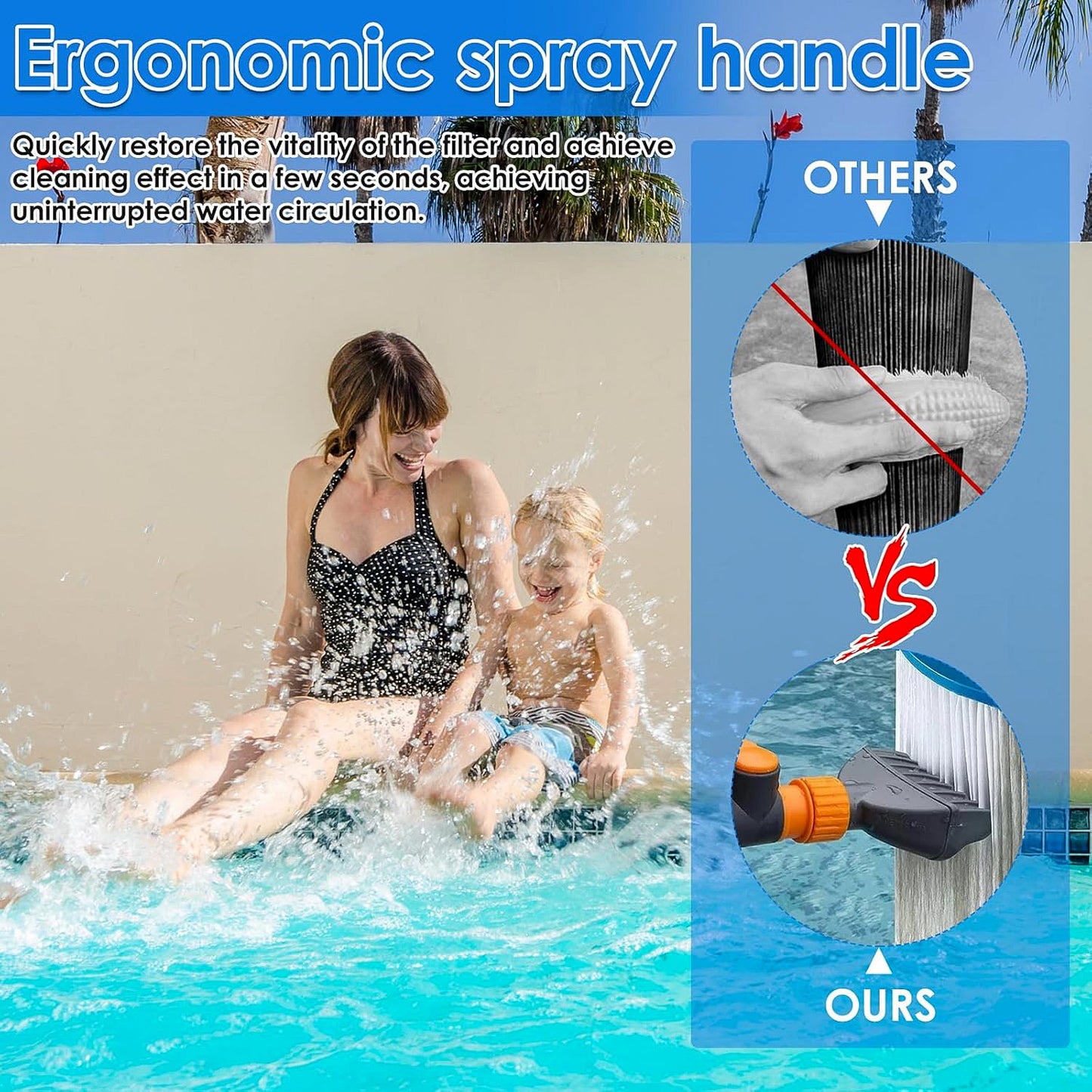 Wukusy high-pressure pool filter cartridge cleaner nozzle attached to a garden hose for easy cleaning of pool filters.