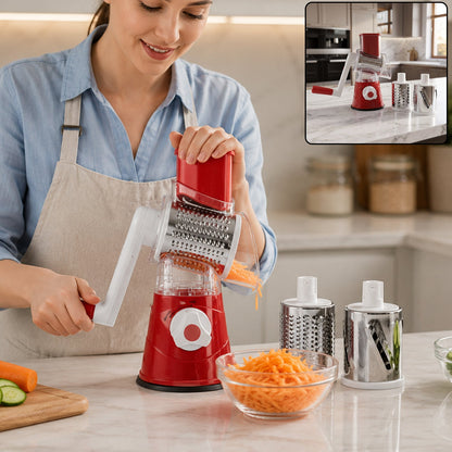Wukusy manual rotary drum grater and slicer with three stainless steel drums for vegetable cutting and grating.