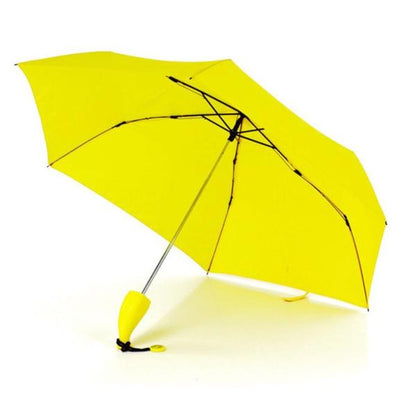 Wukusy stylish banana-shaped mini foldable travel umbrella open, compact design with bright yellow canopy and black handle.