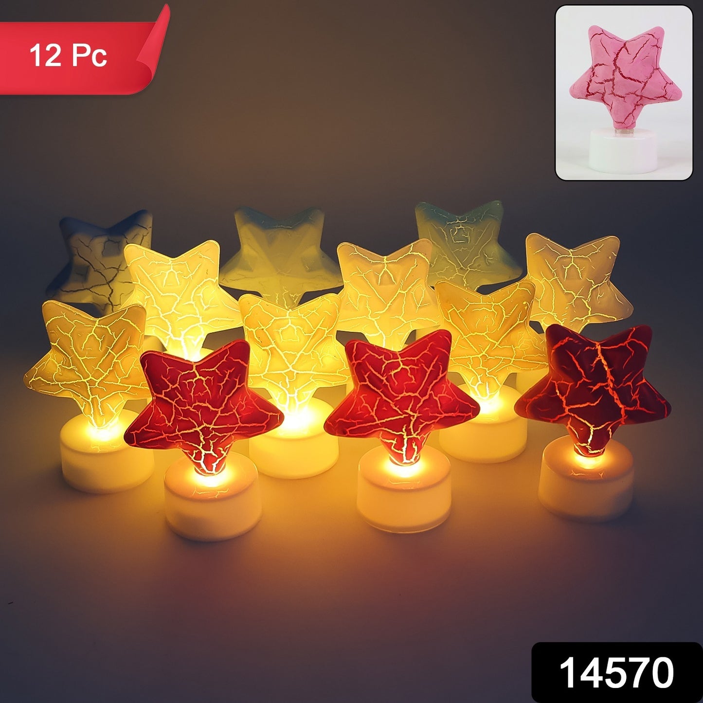 Set of 12 Wukusy star-shaped decorative LED tealight candles for home decor, featuring warm glowing light and intricate star designs.