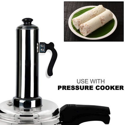 Wukusy 5311 Puttu Maker set with stainless steel steamer plate, black plastic handle, silver lid, designed for pressure cookers.
