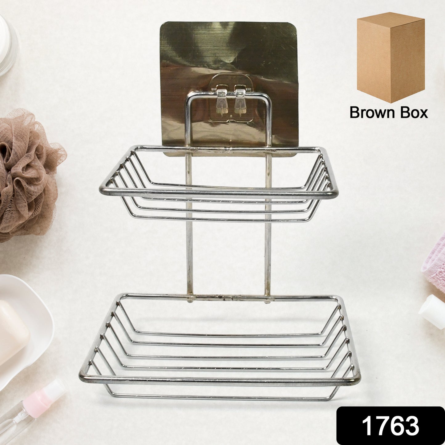 Wukusy kitchen and bathroom soap storage rack with two hooks, wall-mounted for organizing soaps and accessories.