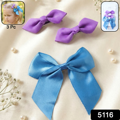 Set of three Wukusy satin ribbon bow hair clips featuring elegant, shiny bows perfect for girls' hair accessories.