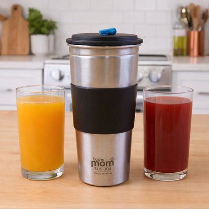 Wukusy Supermom stainless steel travel tumbler with lid, 500ml capacity, designed for on-the-go drinks and portability.