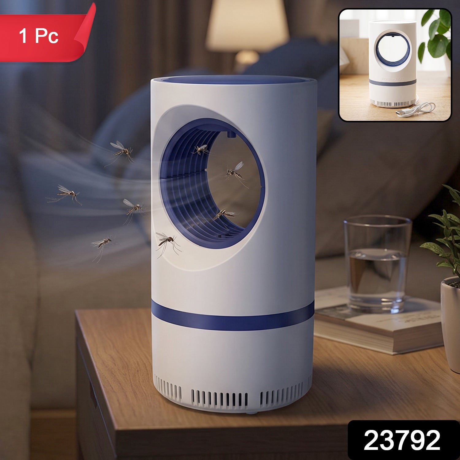 Wukusy electric USB mosquito killer lamp with suction trap for indoor insect control, showing the device with LED light and insect collection area.