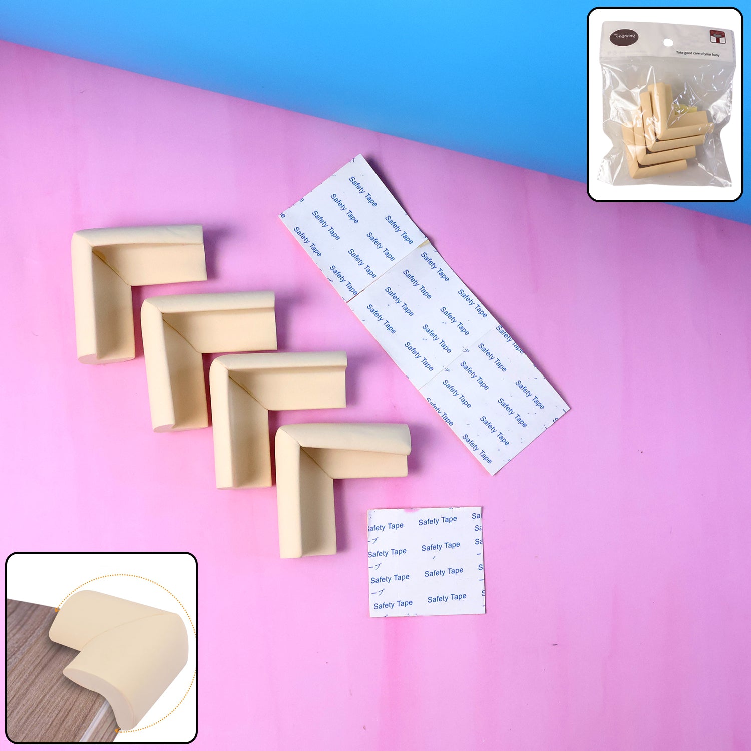 Wukusy 4-pack soft foam table corner protectors with safety tape, designed to cushion sharp edges and prevent injuries in home improvement.