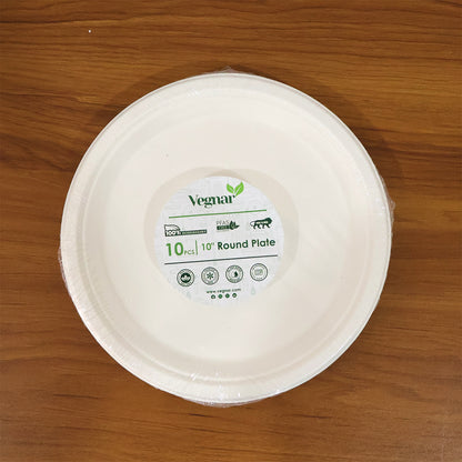 Set of 10 Vegnar disposable round food serving plates by Wukusy, lightweight and eco-friendly for parties or catering.