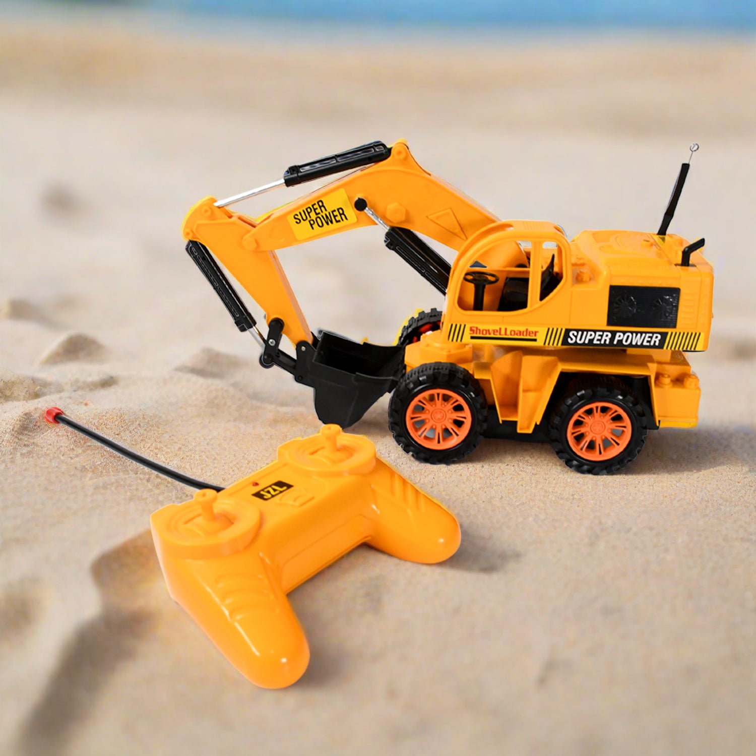 Wukusy JCB construction toy set with remote control featuring a plastic JCB truck and construction accessories for kids and boys.