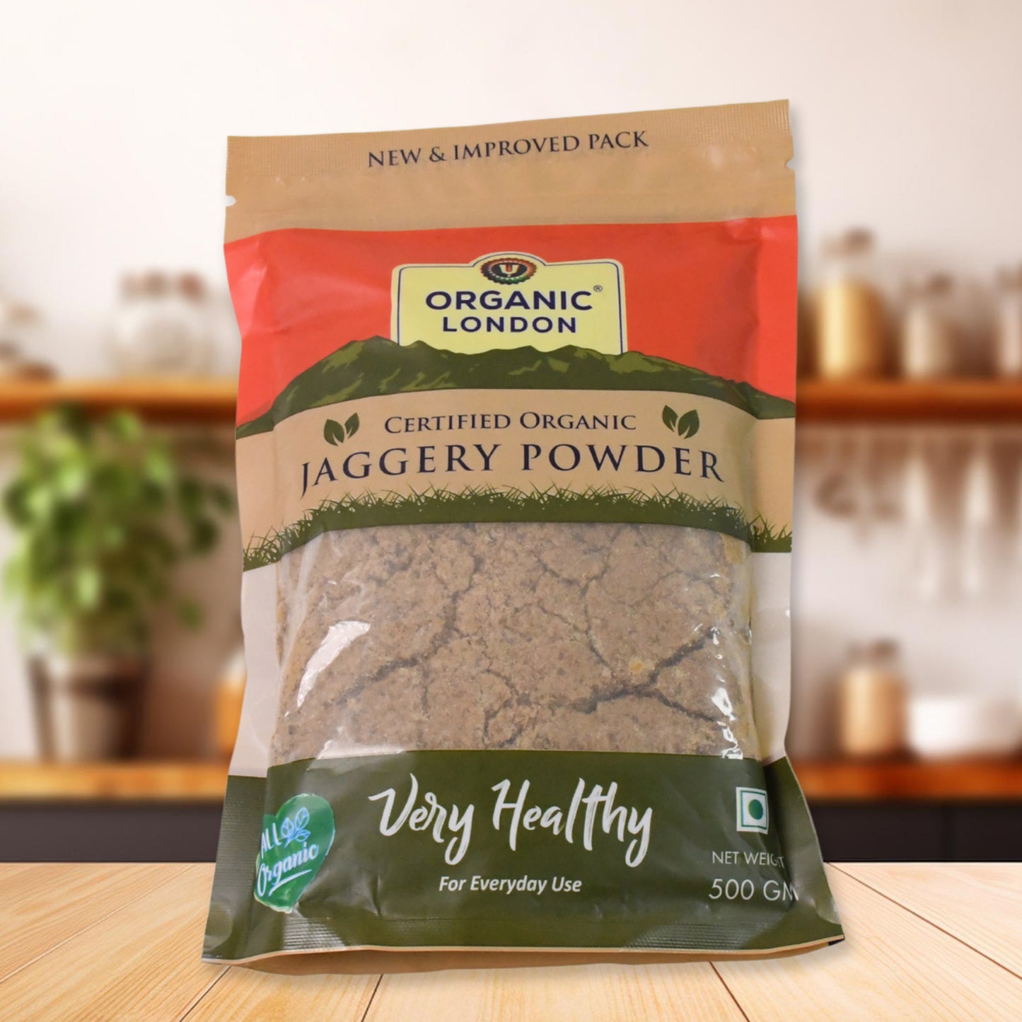 Organic Wukusy Jaggery Powder in a 500g package, showing the natural, coarse brown powder in a clear bowl.