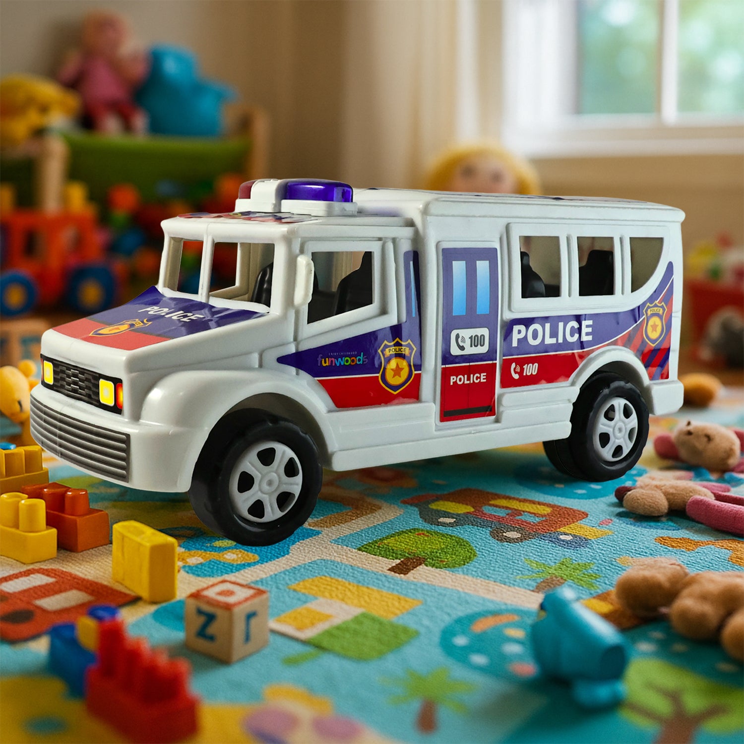 Wukusy Funwoods police van toy, a detailed plastic police vehicle for children's imaginative play, shown on a plain background.