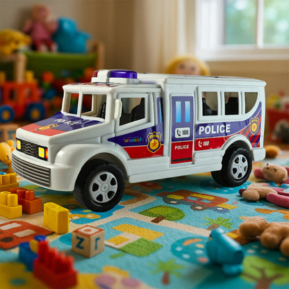 Wukusy Funwoods police van toy, a detailed plastic police vehicle for children's imaginative play, shown on a plain background.