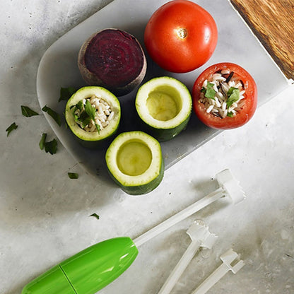 Wukusy Veg Drill vegetable spiralizer kitchen tool with handle and spiral blades for stuffing vegetables and creating vegetable spirals.