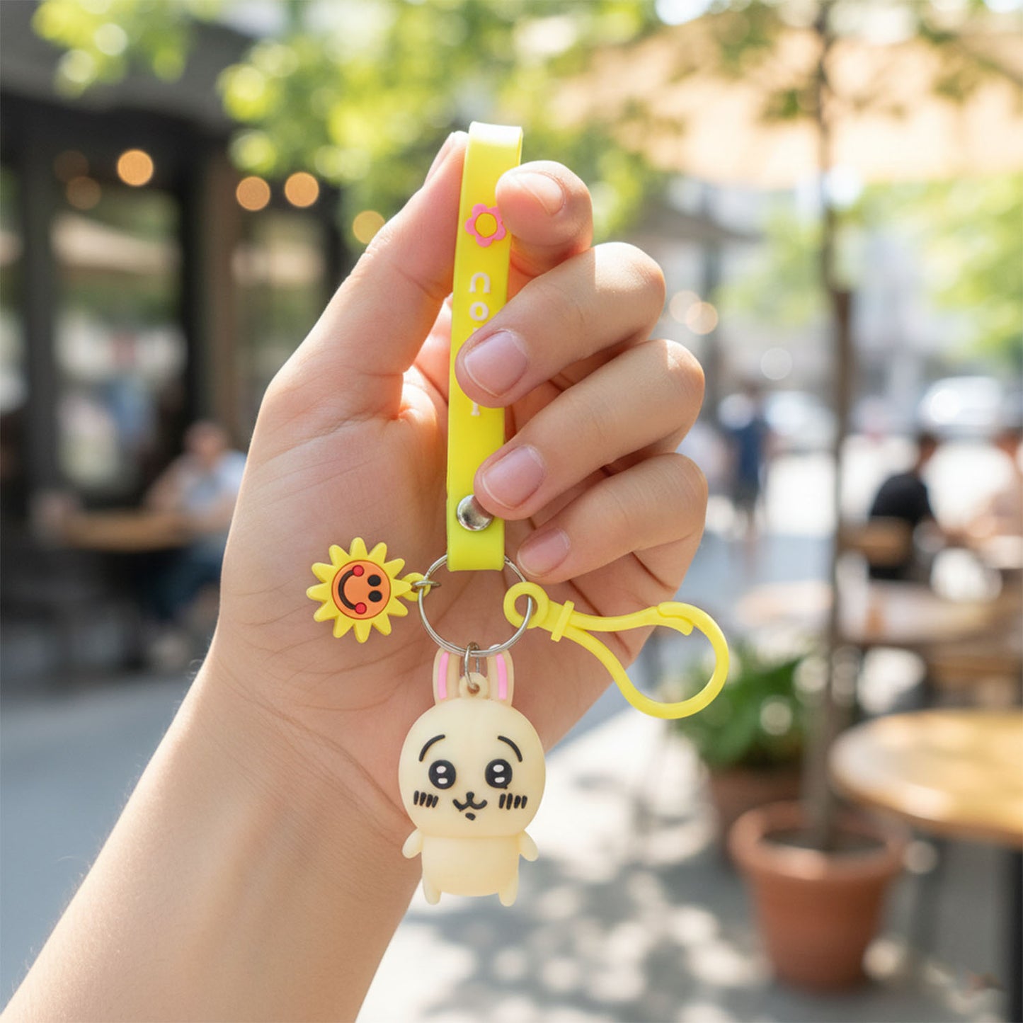 Cute cartoon bunny silicone keychain with decorative strap from Wukusy, featuring a soft, colorful bunny design on a keyring.